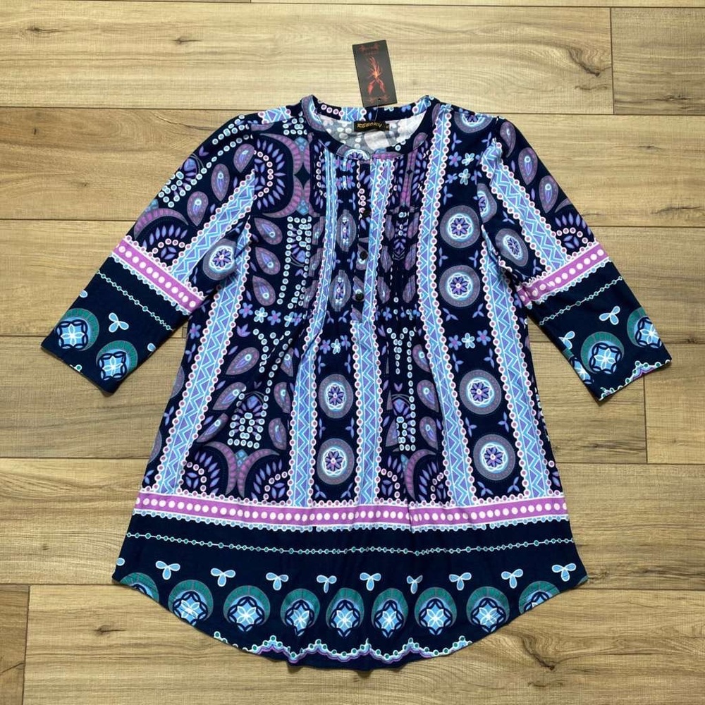 Reborn‎ Womens Pintuck Printed 3/4 Sleeve Dress Size XL Multicolor